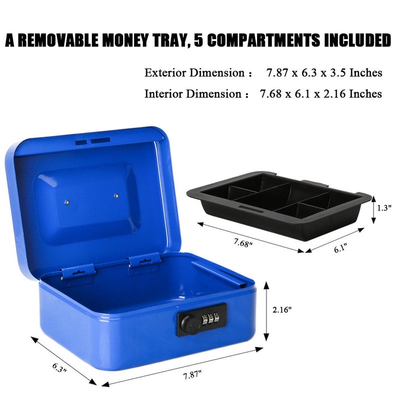 Jssmst Medium Cash Box with Combination Lock-Durable Metal Cash Box with Money Tray Blue, 7.87 x 6.3 x 3.35 inches, CB0702M - Image 3